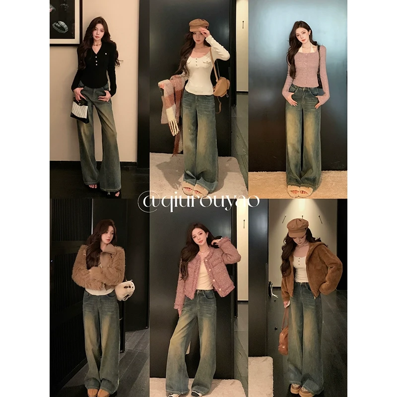 【QIUROUYAO邱肉瑶】美式复古烫钻喇叭裤牛仔裤女冬季显瘦阔腿长裤