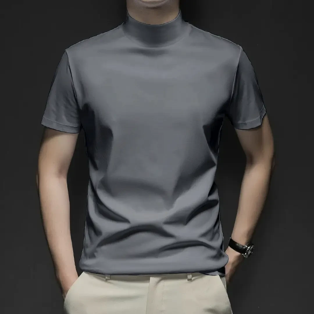 液氨丝光棉半高领短袖T恤男柔软丝滑修身纯色中领内搭半袖打底衫