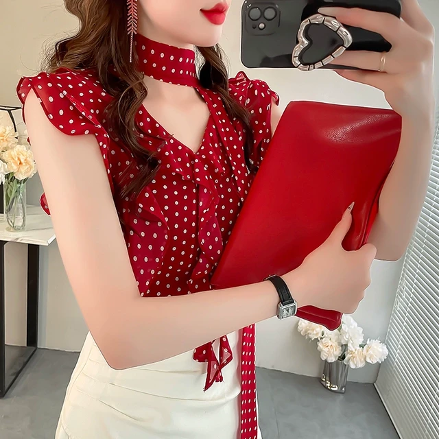 法式红色波点印花飘带V领衬衫上衣女显瘦荷叶边飞飞袖雪纺衬衣夏