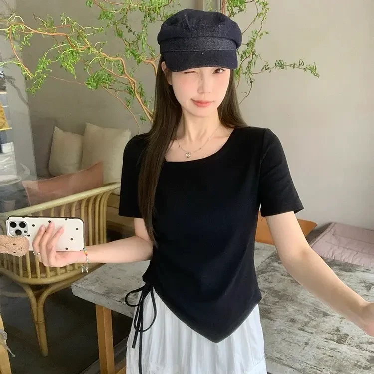 夏季斜领性感T恤高腰纯色绑带百搭修身杂志风短袖不规则小众