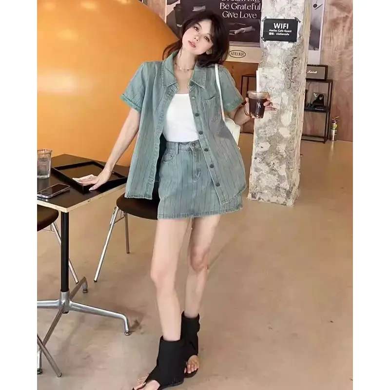 法式复古牛仔条纹套装女2025夏季新款短袖上衣A字半身裙两件套潮