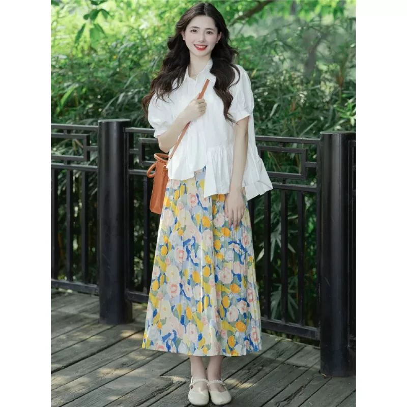 2025新款法式长裙海边度假碎花连衣裙子上衣配半身裙两件套装女夏