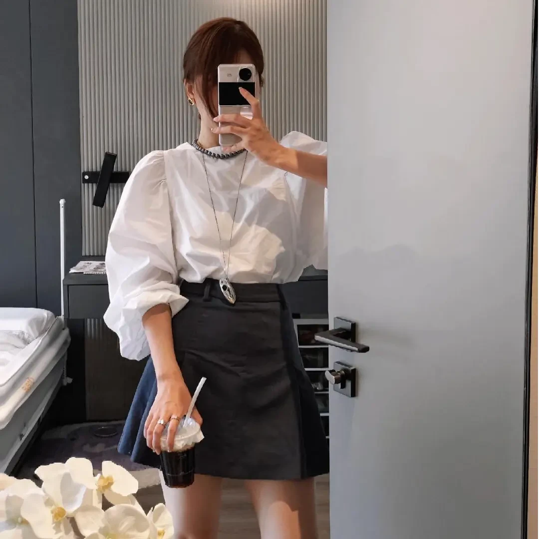 白色长袖衬衫气质上衣千金清冷感贵系衣服高腰百搭通勤半身a字裙