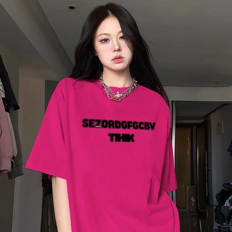 美式复古港风chic玫红短袖t恤女夏季宽松潮ins小众设计感纯棉上衣