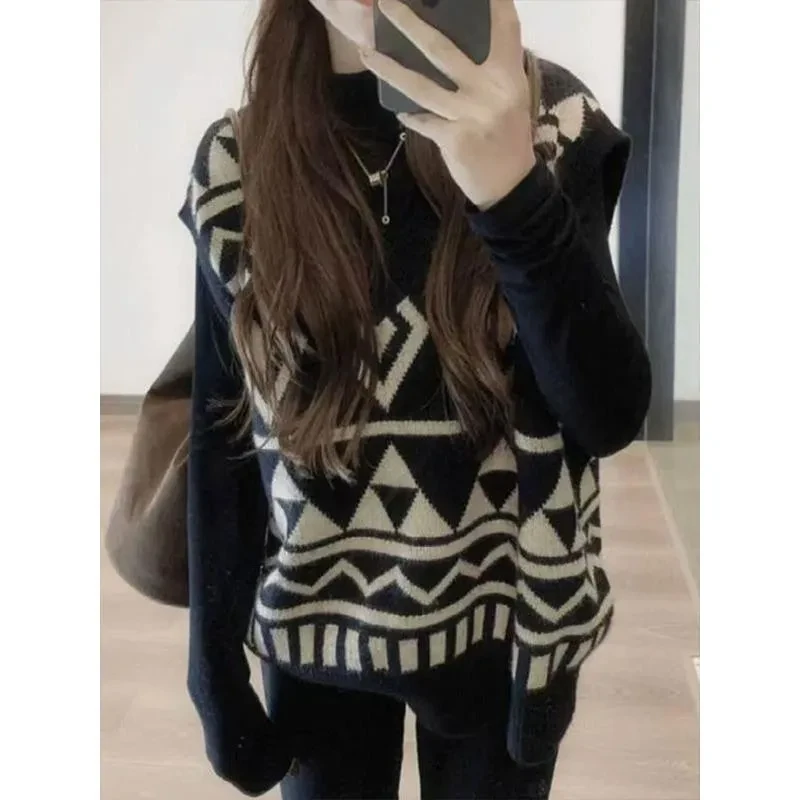 2025秋季新款大码时尚百搭针织菱格马甲慵懒宽松显瘦v领无袖背心