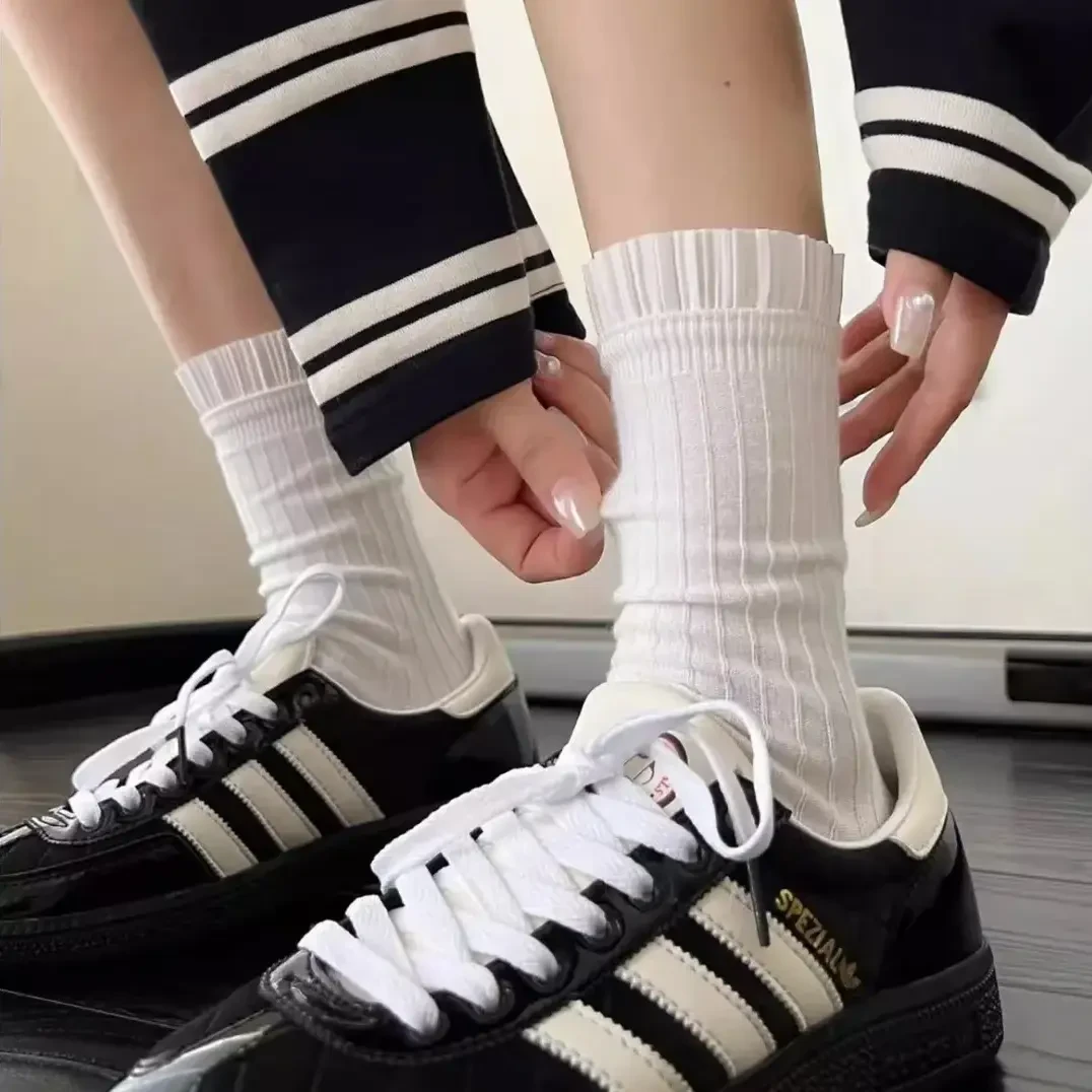 【4双装】黑白双色立体褶皱精梳棉纯色设计师款潮流女袜st
