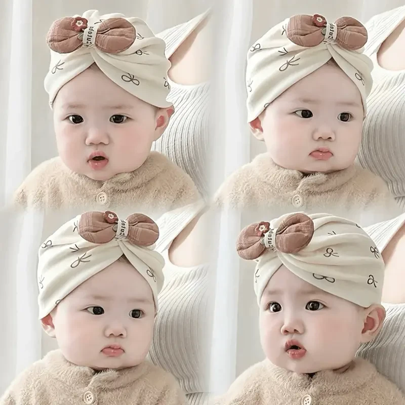 宝宝帽子春秋季蝴蝶结套头帽新生儿0-6月婴幼儿护囟门胎帽包头帽