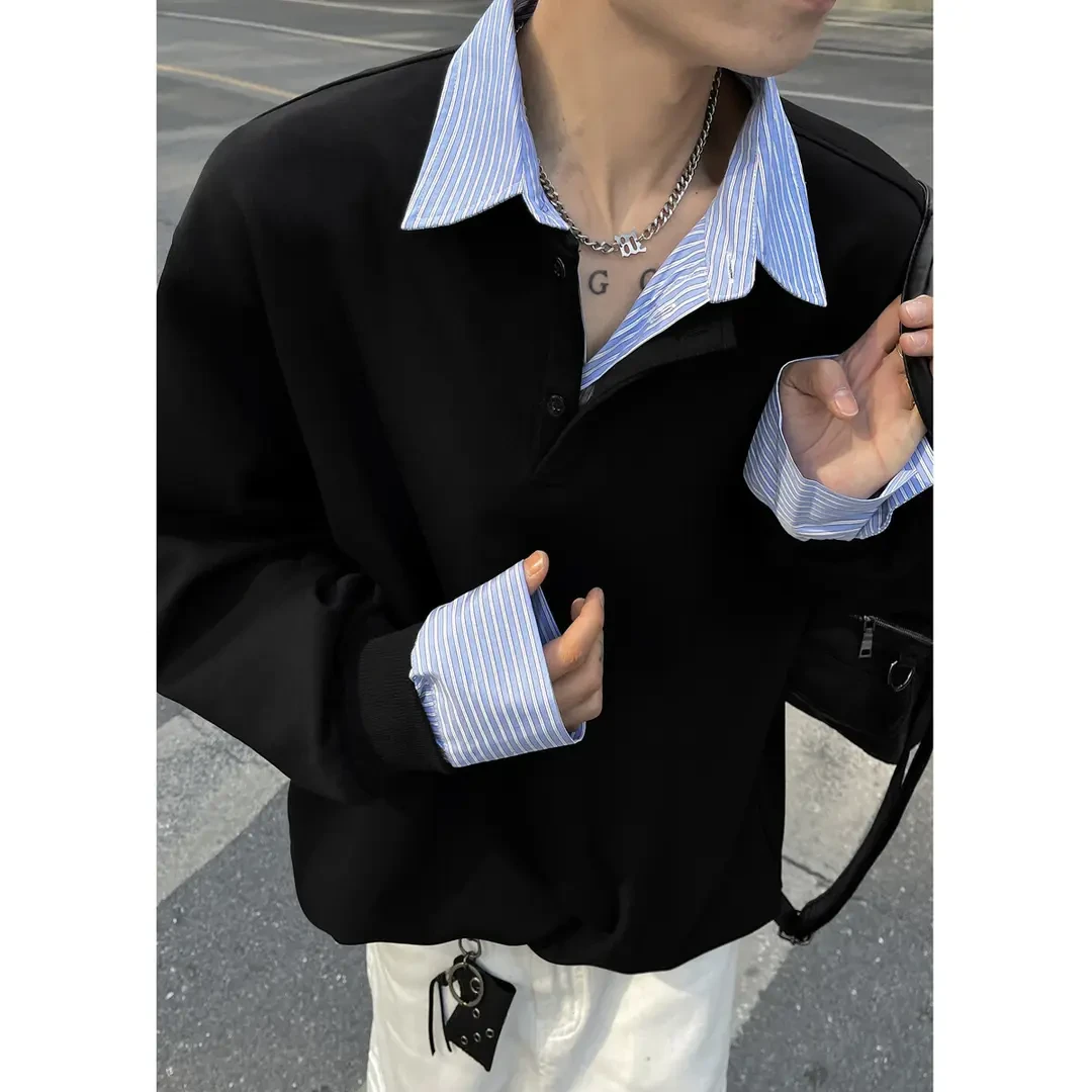 假两件衬衫领卫衣男春季韩系穿搭polo外套学院风亨利领长袖上衣服
