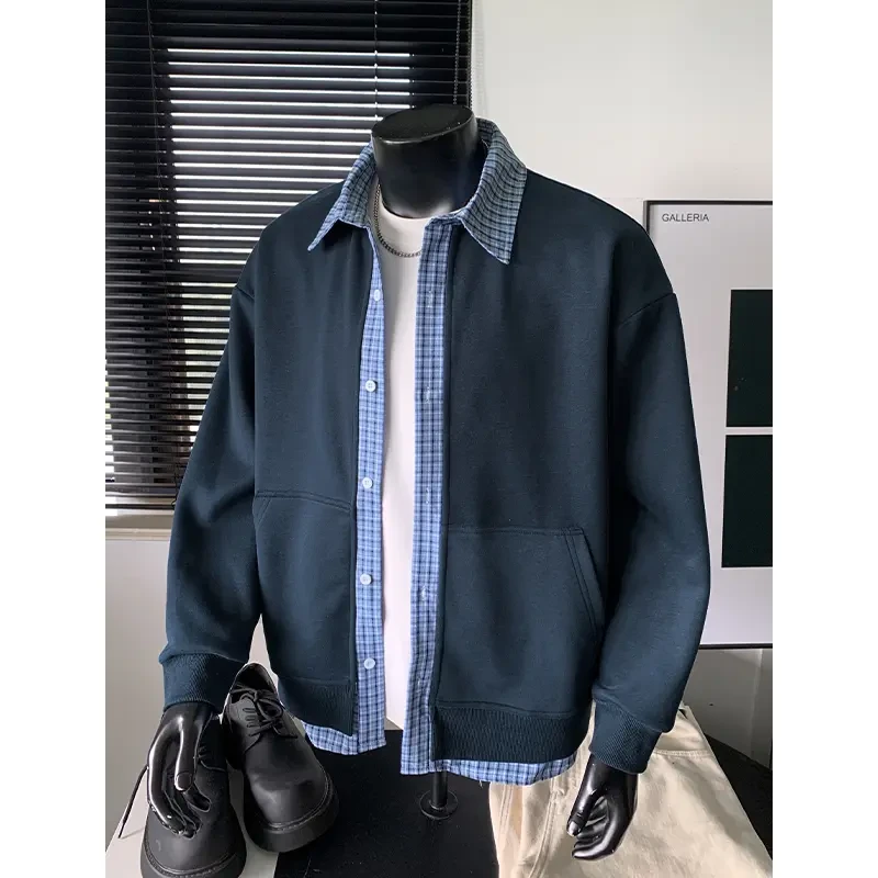 藏青色格子拼接假两件重磅开衫卫衣男春秋美式复古潮牌高级感外套