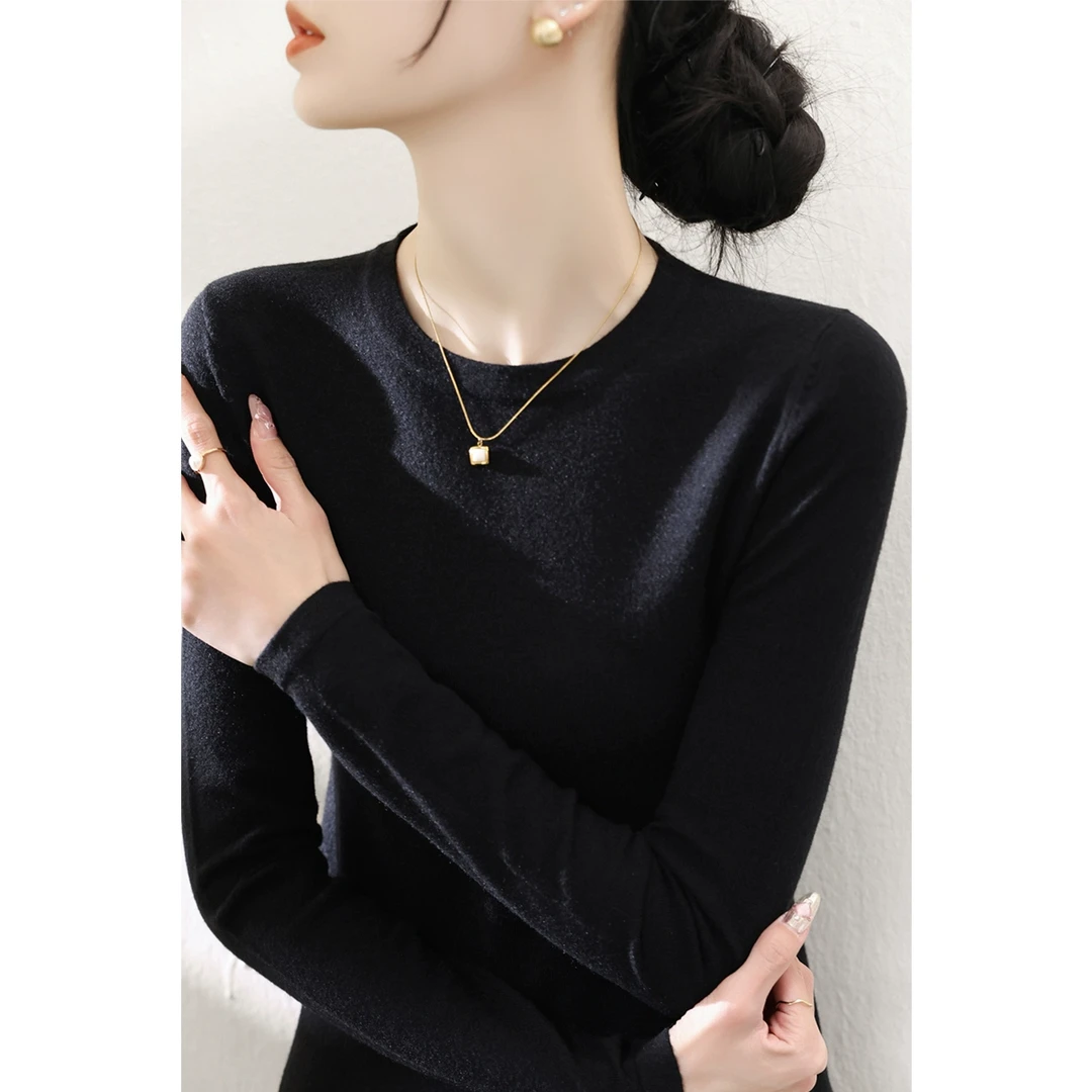 时尚简约百搭时尚上衣女毛衣圆领春季高级修身长袖套头针织打底衫