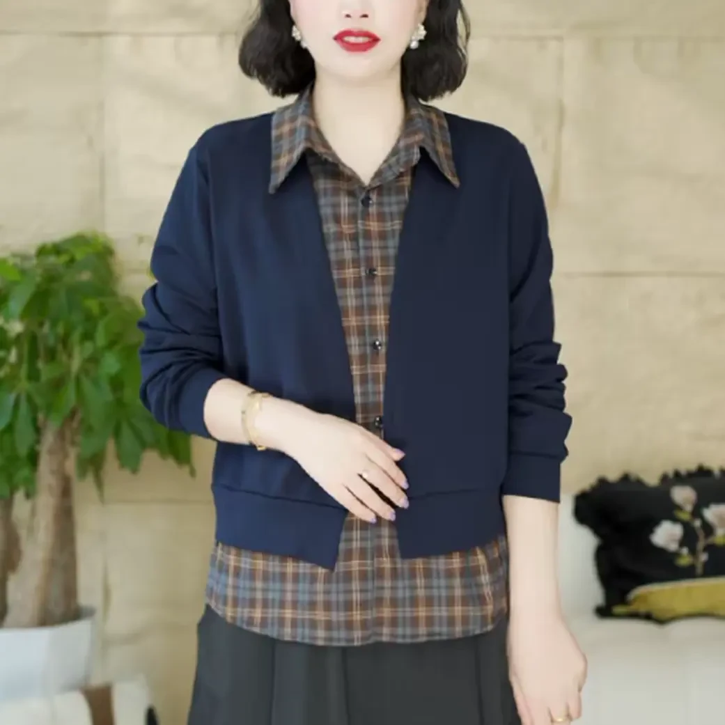 【现货】秋季新款时尚百搭格子翻领假两件拼接遮肉显瘦高级感长袖