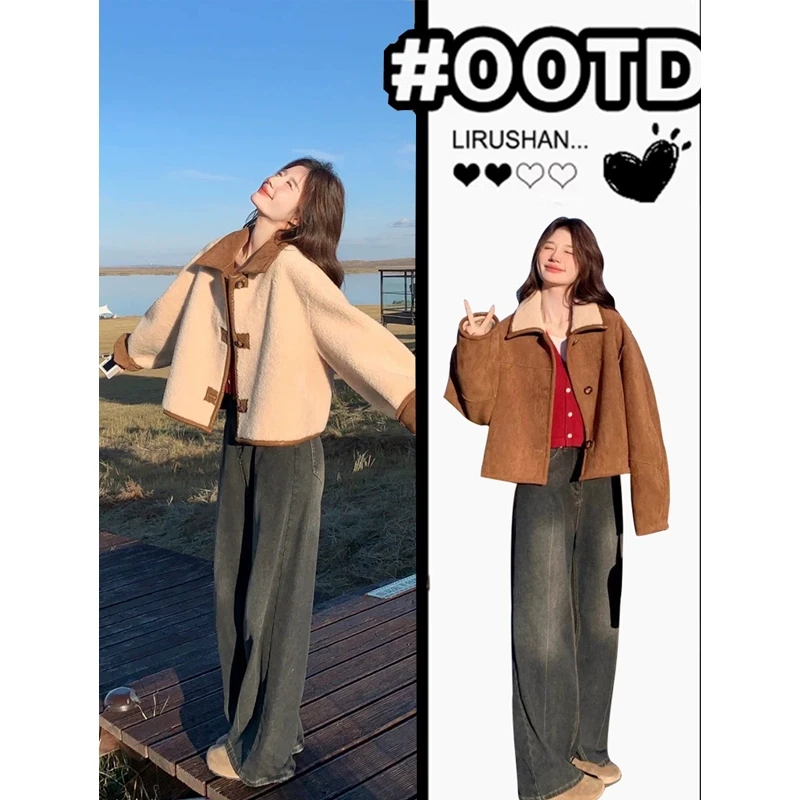 咖色双面穿仿麂皮绒皮毛一体外套女秋冬季羊羔绒短款加绒上衣翻领