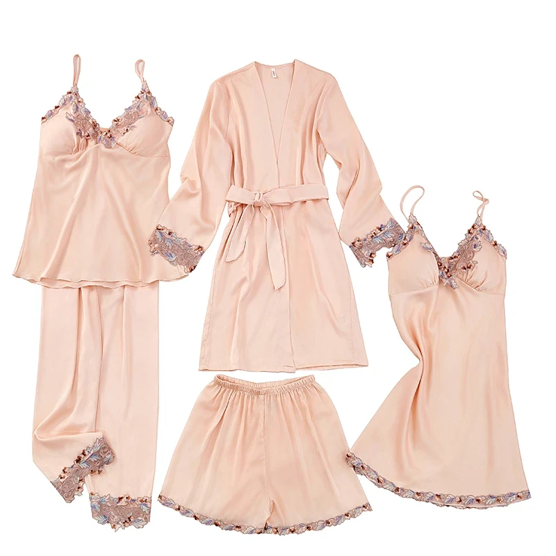 【五彩缤纷】五件套冰感春夏蕾丝家居服睡衣女套装薄款夏天女士睡衣