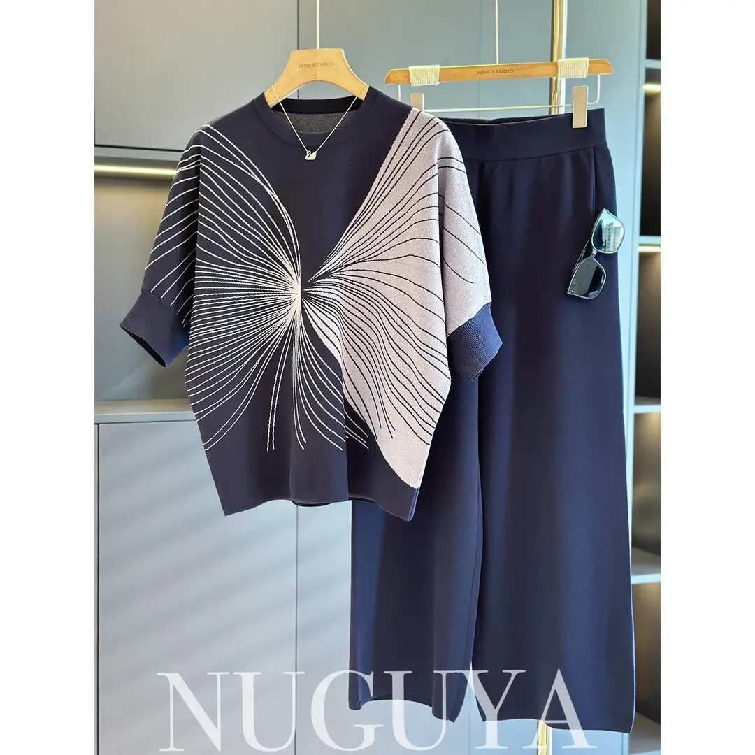 时尚休闲冰丝套装女中袖妈妈装春装新款气质百搭中老年针织两件套