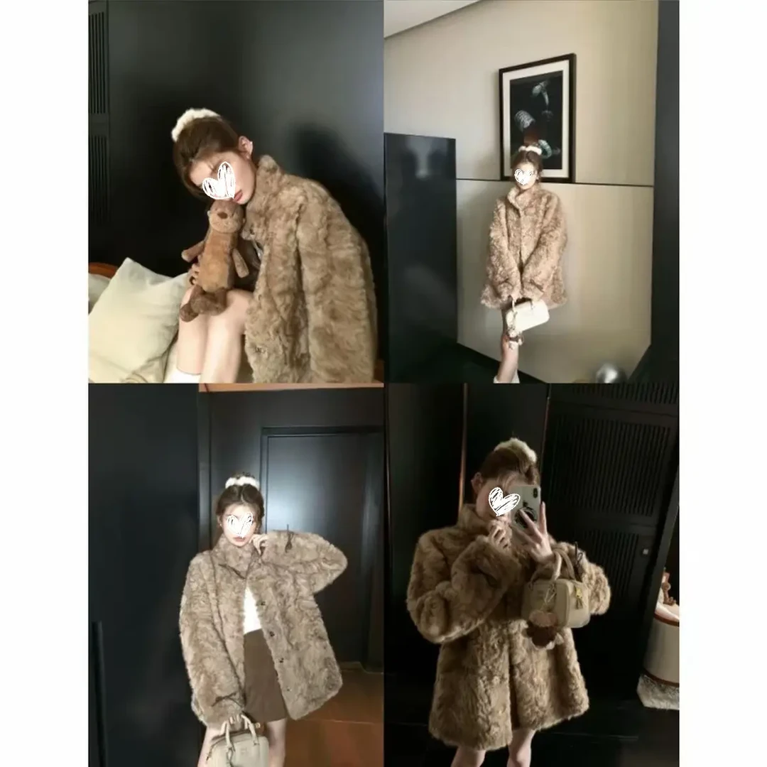 【奶糖】~小熊心事 立领染尖皮毛一体女冬慵懒休闲环保皮草外套