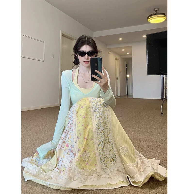 春季小清新穿搭女薄荷绿长袖罩衫背心两件套森系拼接碎花半身长裙