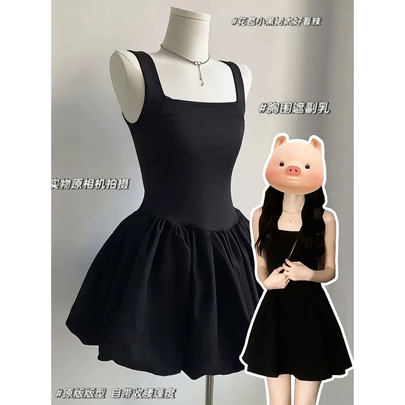 黑色吊带花苞裙赫本风连衣裙女夏收腰芭蕾风a字短裙子掐腰吊带裙