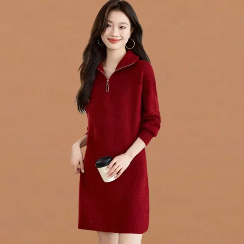 3946中长款毛衣裙半拉链洋气内搭休闲亮丝针织连衣裙女遮屁股打底