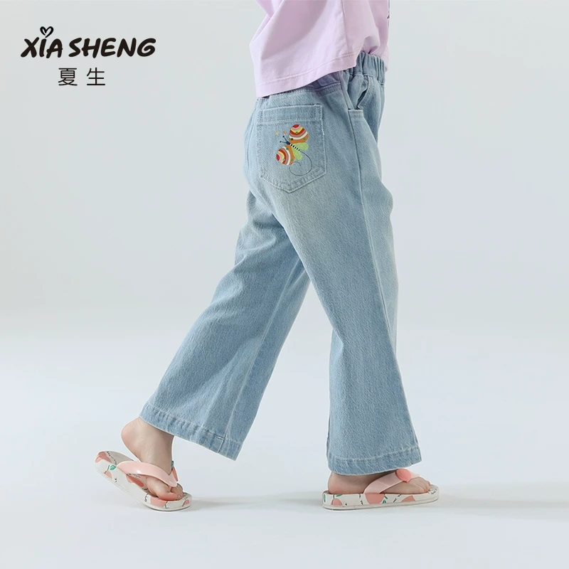 夏生蝴蝶印花牛仔裤女童轻薄百搭喇叭裤宽松休闲裤子儿童夏装新品