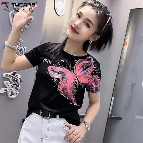 【啄木鳥】纯棉爆款时尚减龄ins显瘦上衣气质蝴蝶印花短袖设计感T恤