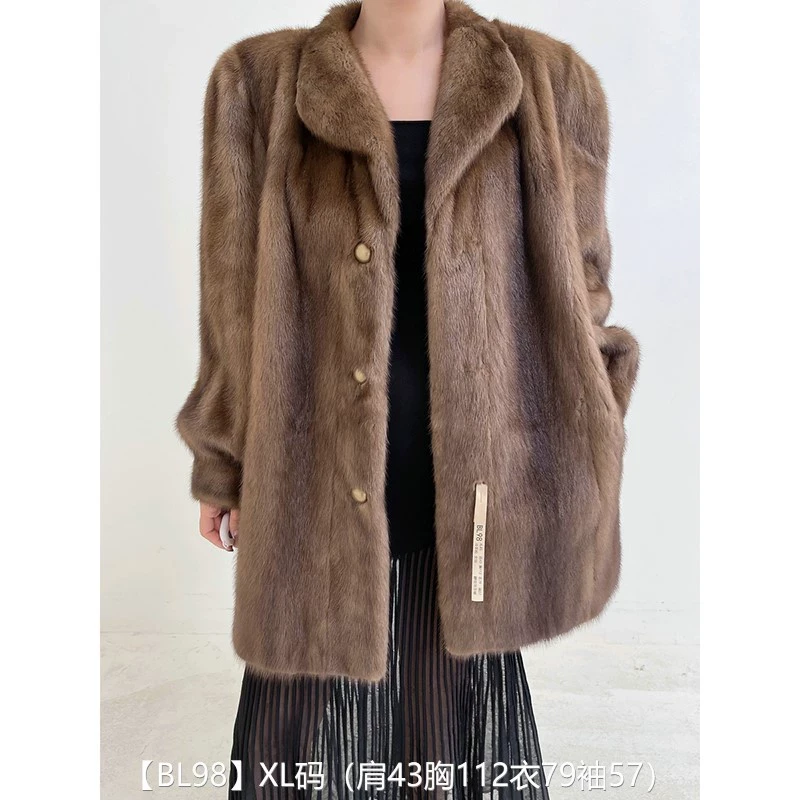 【BL98】XL码 冷茶棕全抽中长款貂皮大衣皮草外套 翻领泡泡袖