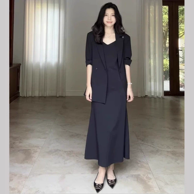 大码女装夏季薄款西装外套吊带裙两件套胖mm系带收腰遮肉时尚套装