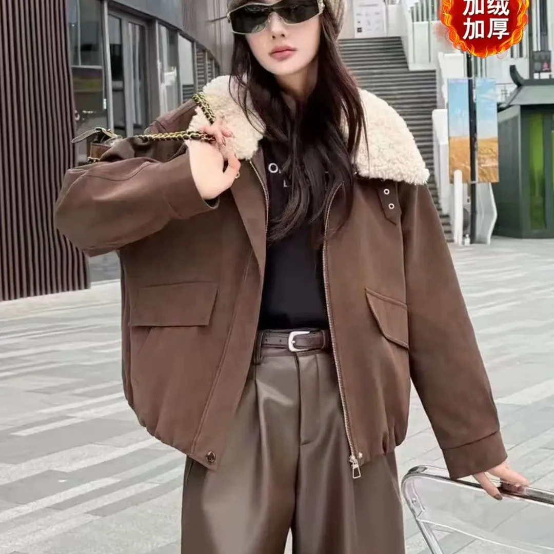 韩版加厚保暖女百搭翻领鹿绒皮羔绒外套