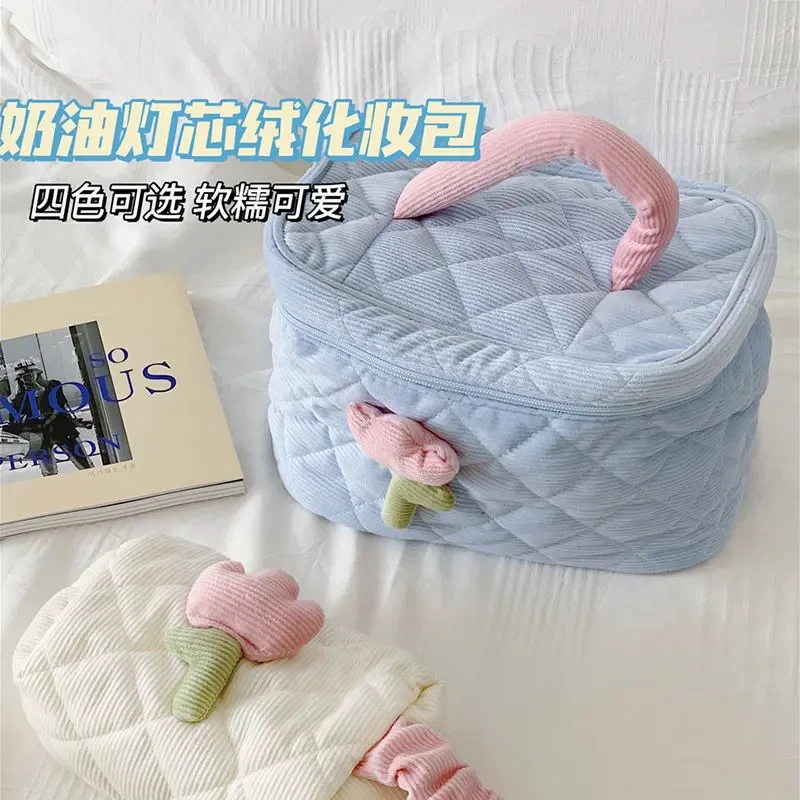 ins可爱化妆包高级感奶油灯芯绒便捷大容量郁金香洗漱包少女心
