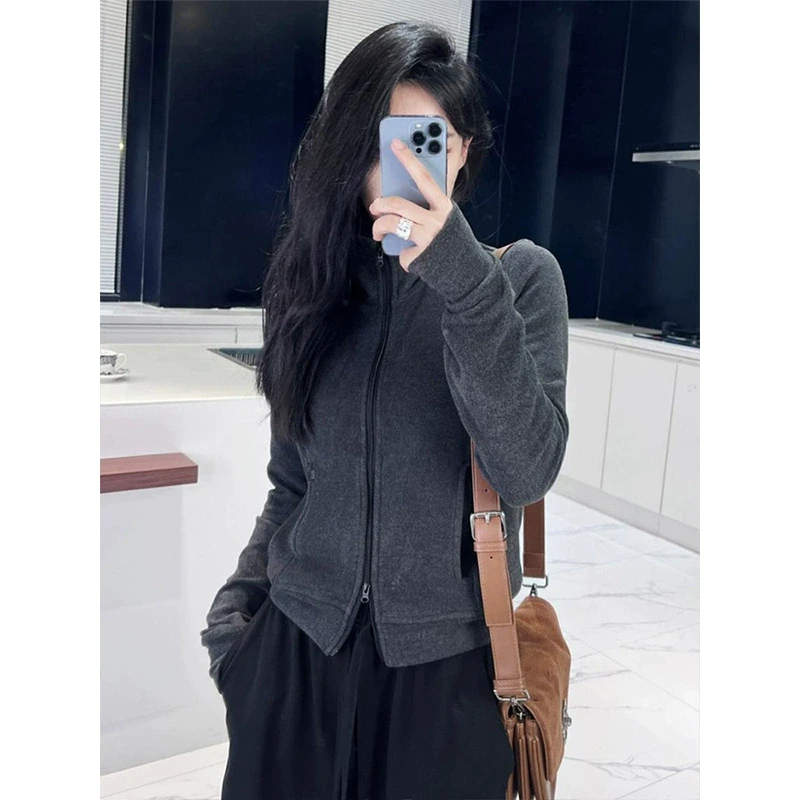 灰色复古双拉链短款立领卫衣外套女春季2025新款小众德绒开衫上衣