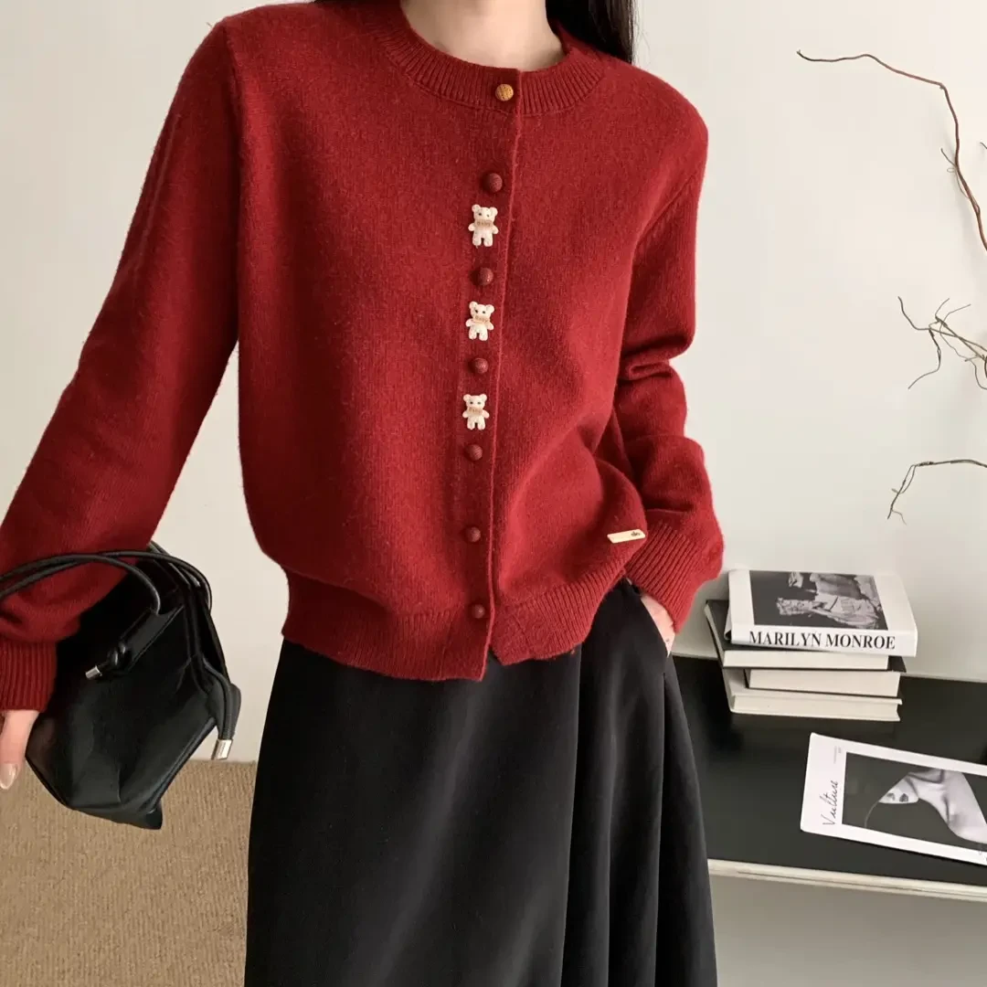韩系宽松秋冬圆领针织开衫女款时尚百搭