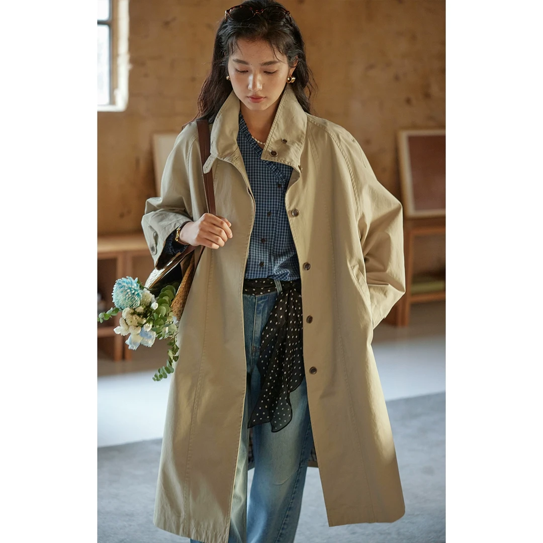 solighter法式卡其色立领廓形风衣外套女春季5I0214F09X1