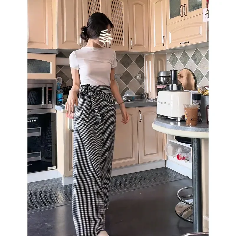 2025夏季新款韩系气质百搭圆领T恤上衣设计感高腰格纹系带半身裙