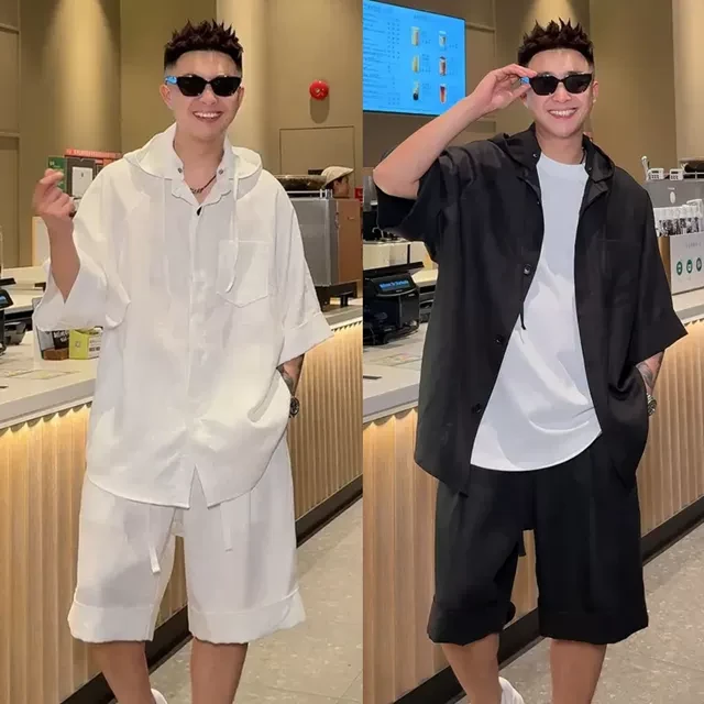 夏季轻薄天丝亚麻垂感休闲套装男简约时尚短袖衬衫运动短裤两件套