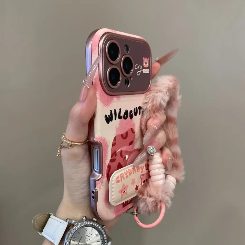 粉色豹纹哭娃猫咪大视窗适用iPhone17pro手机壳16pm可爱15创意14