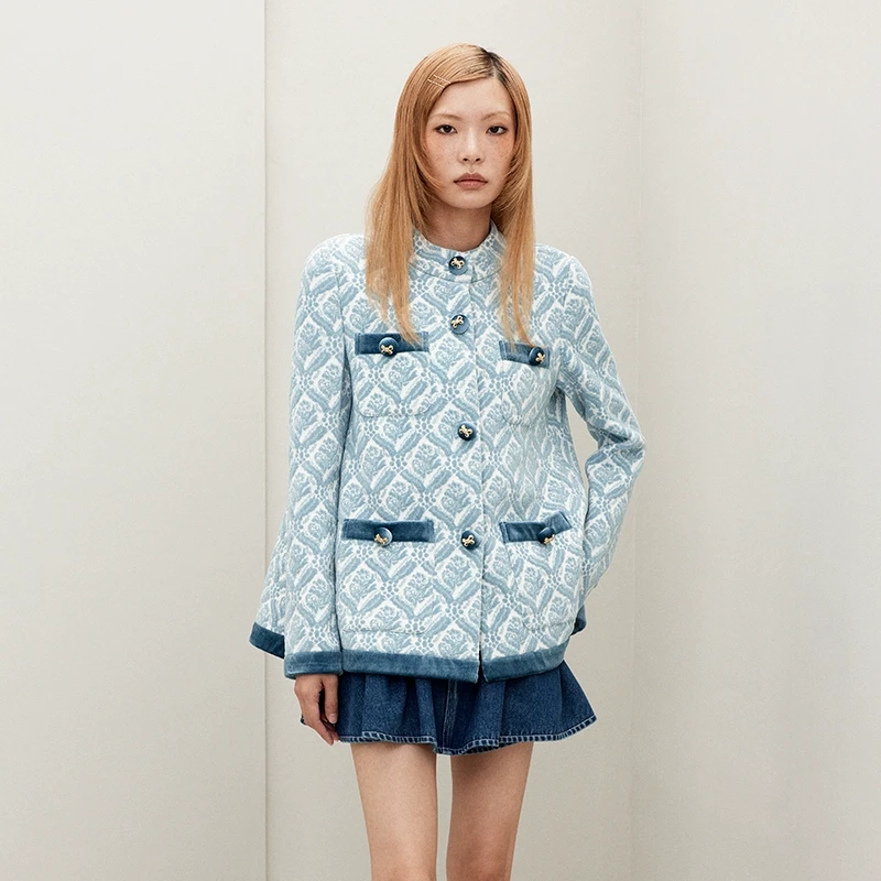 LE FAME/拉飞姆2025年春季新款复古巴洛克提花撞色针织长外套