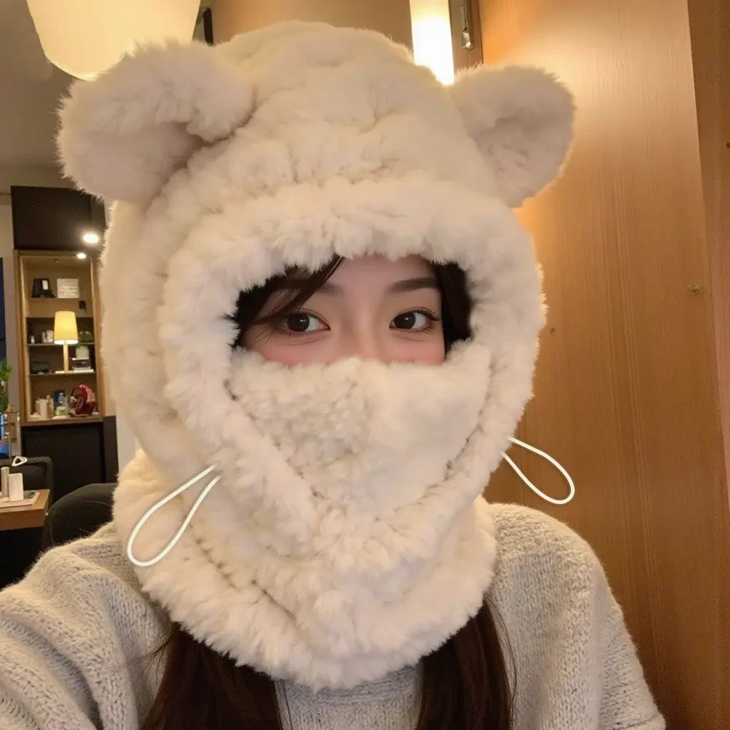 小熊帽子女秋冬骑车毛绒头套冬季保暖围巾一体帽子防风防寒雷锋帽