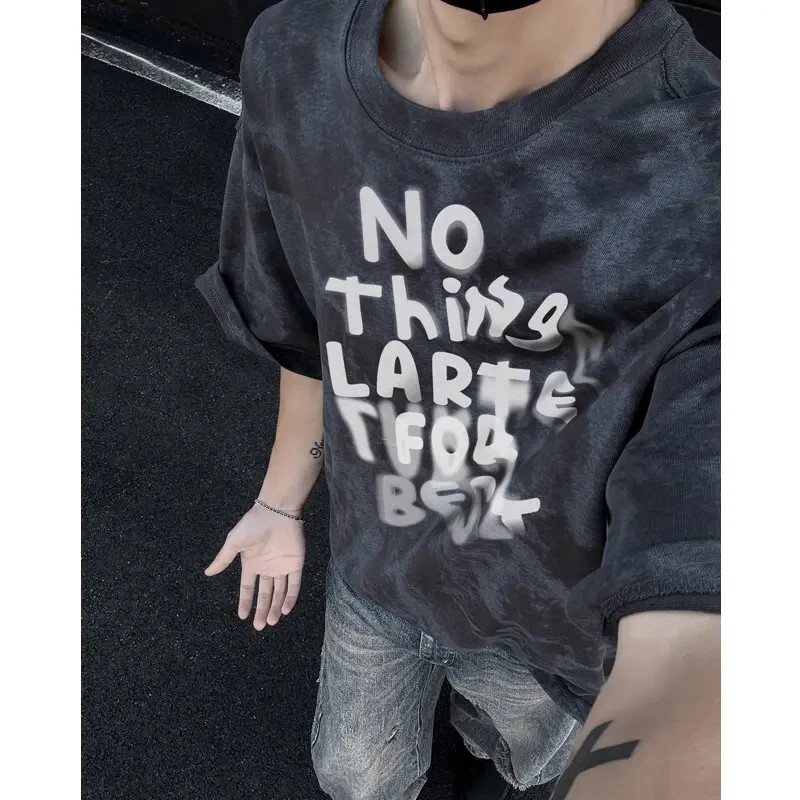美式潮牌扎染短袖T恤男夏季宽松休闲字母印花情侣半截袖体恤上衣