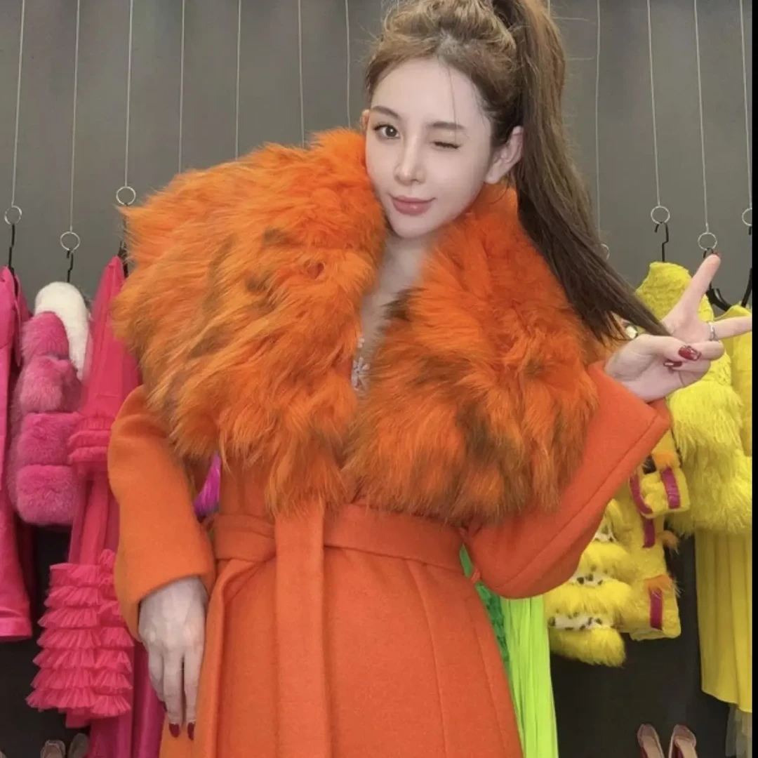 秋冬老钱风女毛呢外套红色百搭毛领设计师时尚双面外套女装 罗斯