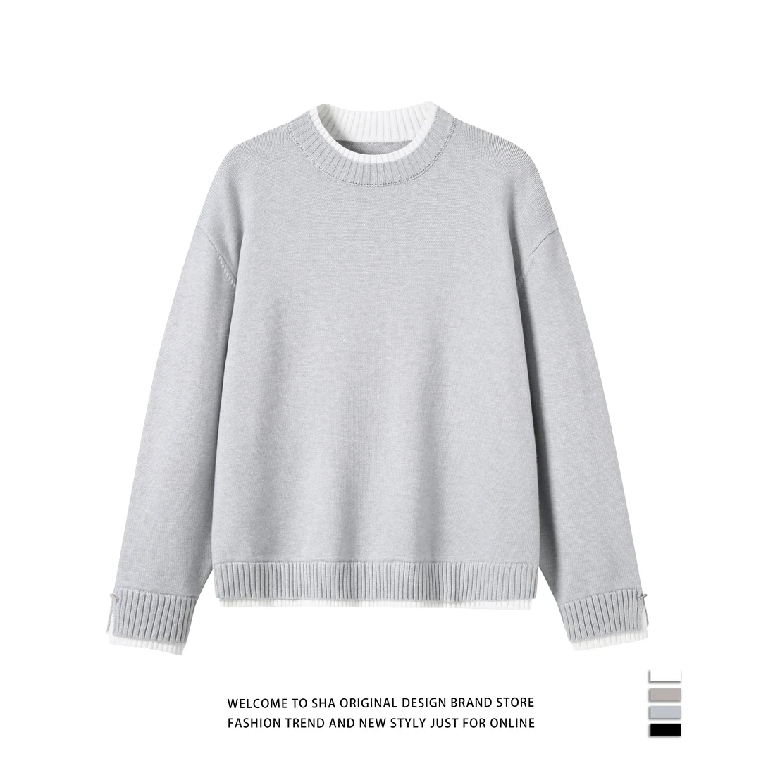 【简约领跑者】长袖假两件设计冬季磨毛纱线针织毛衣纯色百搭休闲