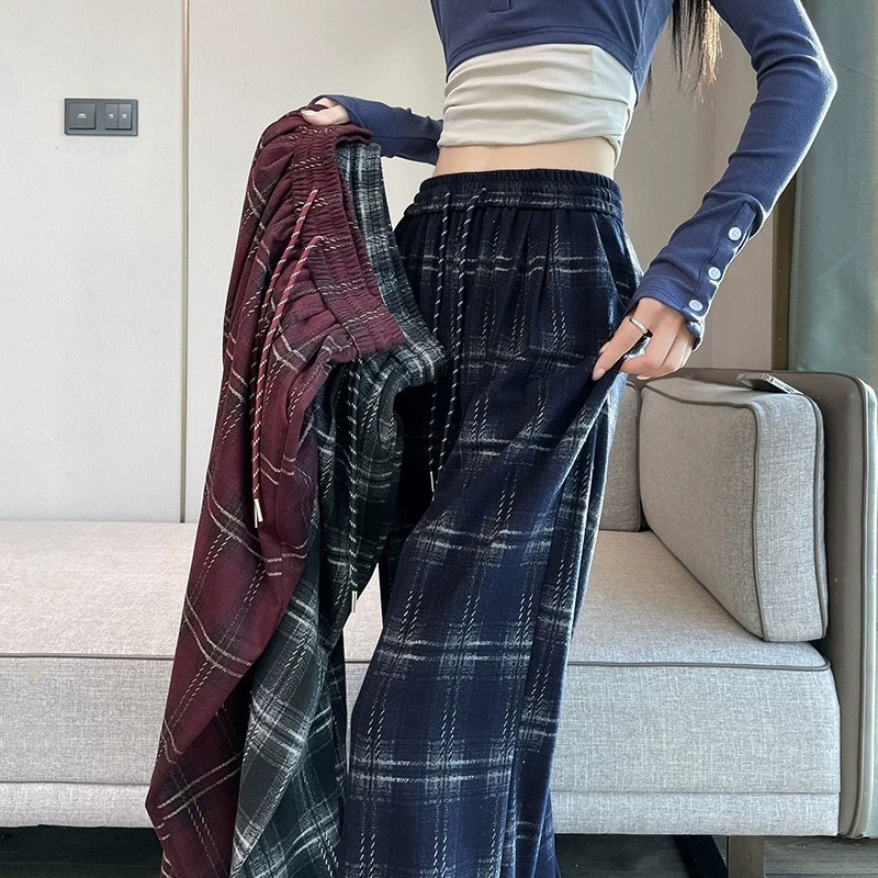 2025新款春秋季高腰显瘦阔腿直筒裤九分裤小个子休闲格子裤子大码