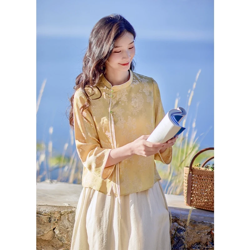 红念新中式黄色衬衫女长袖设计感气质春装2025年新款女装优雅上衣