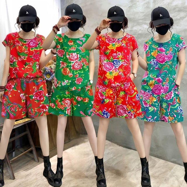 2023东北大花夏棉绸套装民族风人造棉短袖短裤广场舞二人转打鼓演