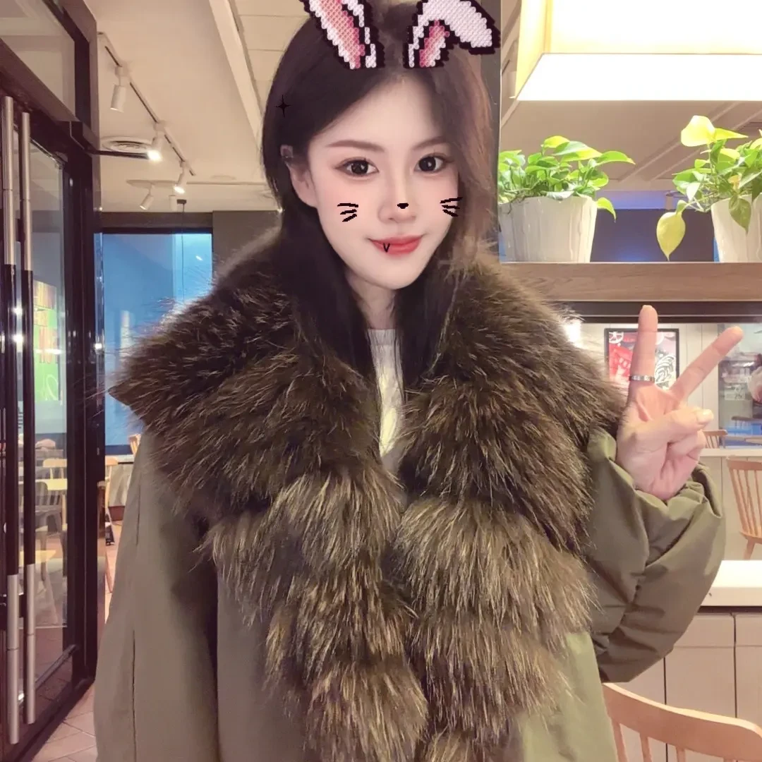 欧货冬季新羽绒服外套女短款大貉子毛领门襟鸭绒羽绒夹克宽松保暖
