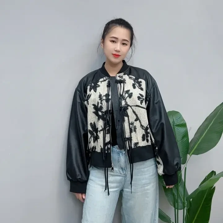 国风“真皮配印花”女装秋冬百搭短外套