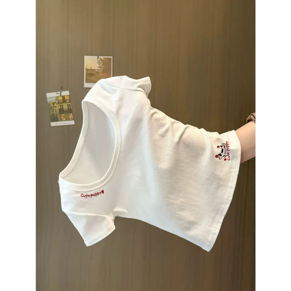 高级感白色u领正肩短袖t恤女士夏季新款短款修身百搭印花上衣爆款