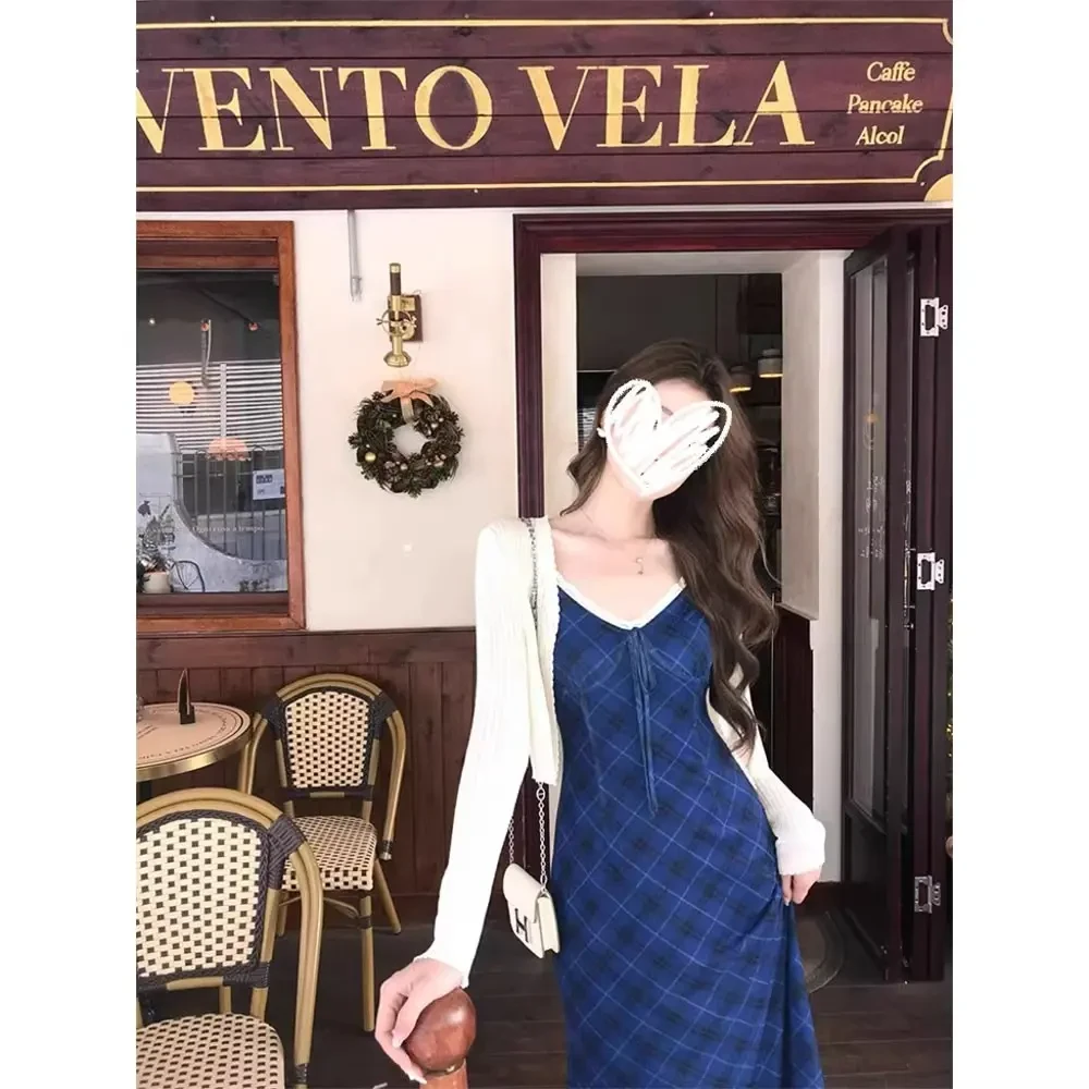 法式复古格子吊带连衣裙2025夏季新款时尚辣妹风设计感修身长裙女