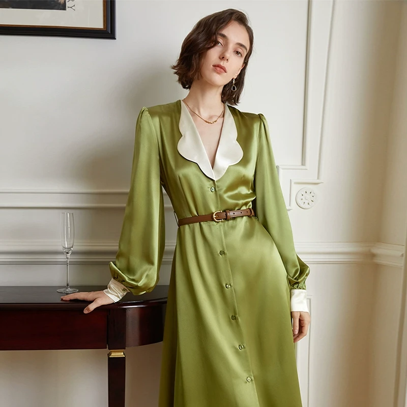 【楠哥专属】AEL原创定制法式连衣裙女V领醋酸灯笼袖2024新款春装裙