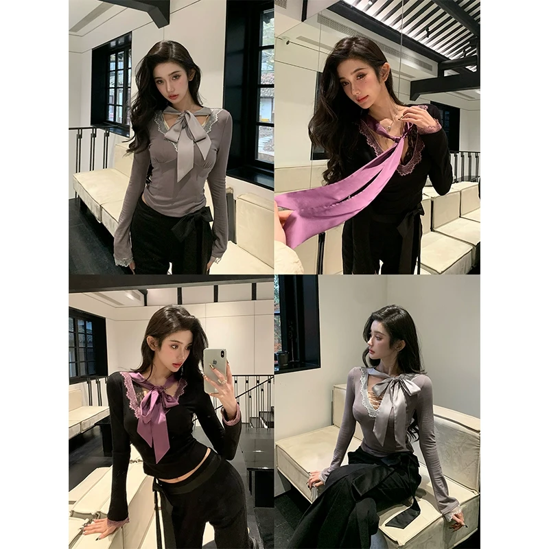 芭比姨【春野森会】 蝴蝶结蕾丝拼接v领上衣女