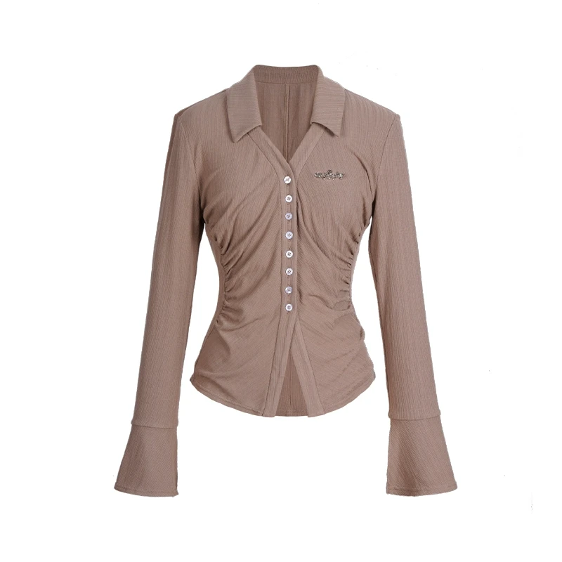 清057花铃太太蓝色衬衫女春装女士高级小众长袖上衣抽褶