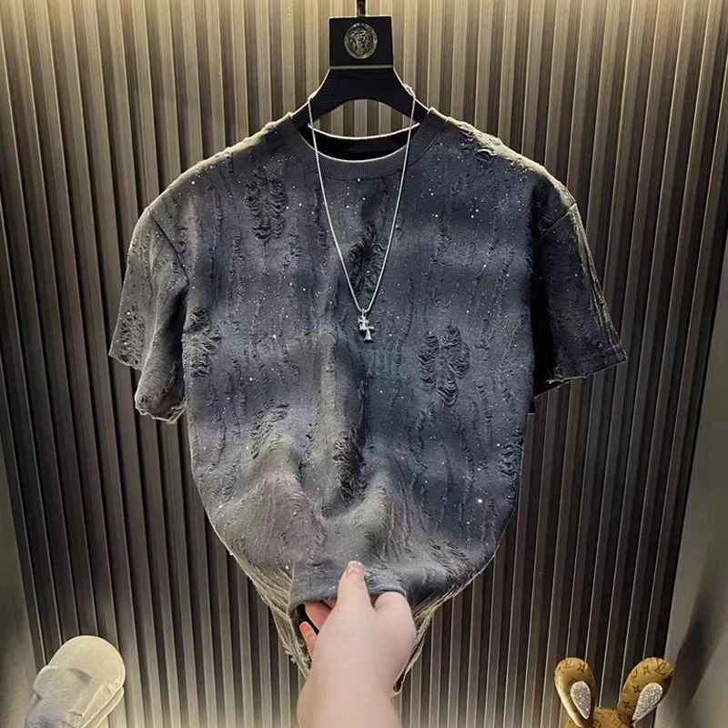 2025夏季新款爆款轻奢高定男士半袖潮流韩版亮片渐变破洞圆领上衣